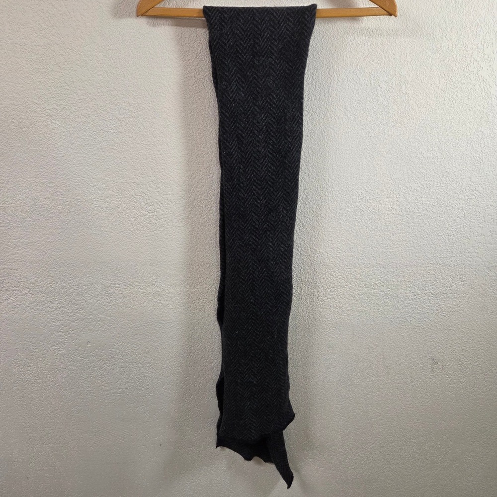 100% Wool Herringbone Scarf Charcoal Gray Black Chevron Knit 9x68 Unisex Winter